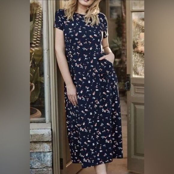 NWT J.Jill Navy Floral Spring Dress with pockets - Picture 1 of 7